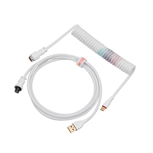 KiiBoom Ombre 1.8m Coiled Keyboard Cable Type-C to USB-A for Mechanical Gaming Keyboard, Double-Sleeved Cable with Detachable 4-Pin Aviator Connector (White)