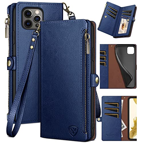 XcaseBar for iPhone 15 Pro Max 6.7" Wallet case with Zipper Credit Card Holder RFID Blocking,Flip Folio Book PU Leather Shockproof Protective Cover Women Men Apple 15 ProMax Phone case Blue
