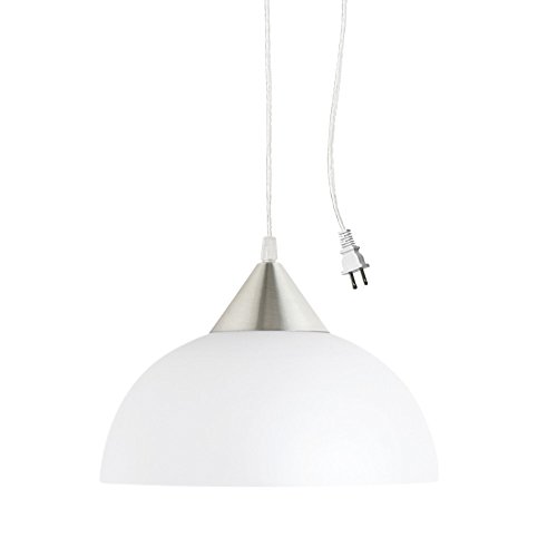 Globe Electric 64413 1-Light Plug-in Pendant, Brushed Steel, Frosted White Shade, 15ft Clear Cord, in-Line On/Off Switch, E26 Base Socket, Kitchen Island, Caf, Hanging Light, Bulb Not Included