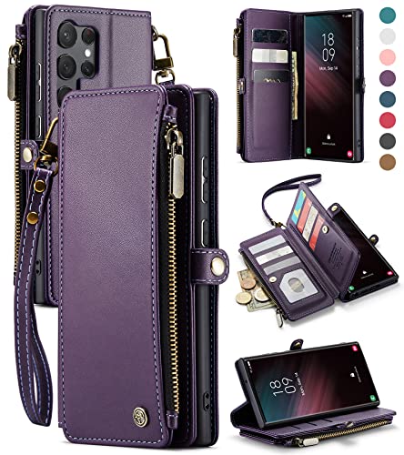 Defencase Galaxy S23 Ultra Wallet Case, RFID Blocking PU Leather, Magnetic Flip, Zipper Card Holder, Fashion Purple
