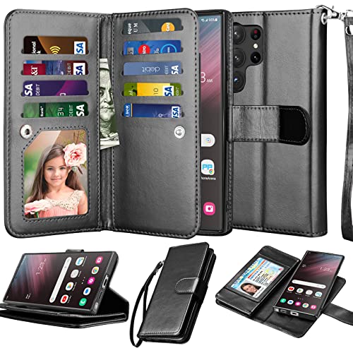 NJJEX Galaxy S23 Ultra Case, for Samsung Galaxy S23 Ultra Wallet Case, [9 Card Slots] PU Leather ID Credit Card Holder Folio Flip [Detachable] Kickstand Magnetic Phone Cover & Lanyard [Black]