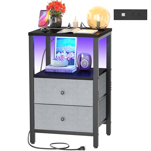 Cyclysio NightStand with Charging Station and LED Lights, Night Stand with 2 Drawers, 25.6'' End Table Bedside Tables with Storage, 3 Tier Tall Night Stand with Storage for Bedroom Living Room, Black