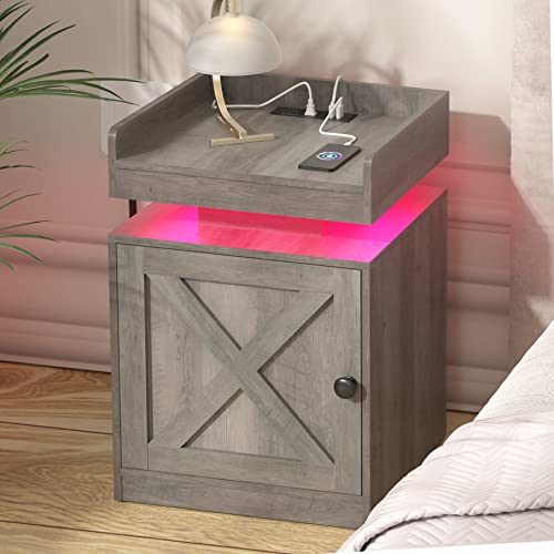 HOSEOKA Nightstand with Charging Station and LED Lights, Bedside Table with Storage Cabinet for Bedroom Furniture Farmhouse LED Night Stand Side Bed Table Living Room End Table