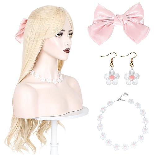 WeKen Women Girls Hair Bow Clip+Pink Ba-bie Flower Necklace Earrings Set Girls Costume Dress Up Accessories for Girls Women 3 Piece (Wig not Included)