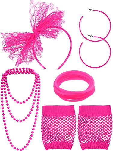 80s Accessories for Women Costume Lace Headband Earrings Fishnet Gloves Necklace Bracelet for 80's Party (Rose Red)