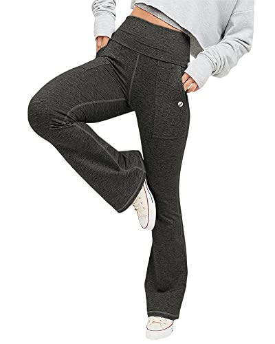 Aurgelmir Womens Flare Yoga Pants High Waisted Foldover Workout Leggings with Pockets Tummy Control Bell Bottom Pants Heather Black