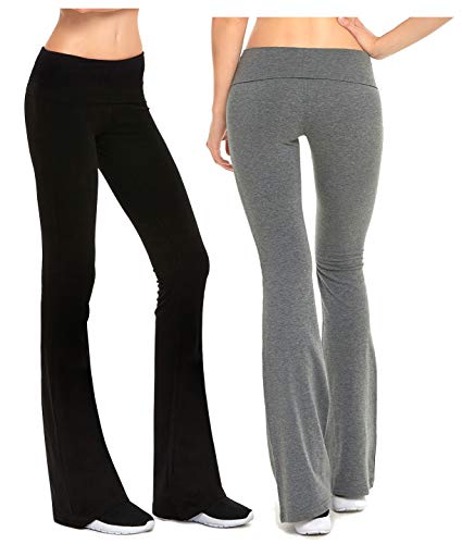 Gilbins Womens Fold-Over Waistband Stretchy Cotton Blend Yoga Pants with A Wide Flare Leg 2 Pack (1 Grey 1 Black, Large)