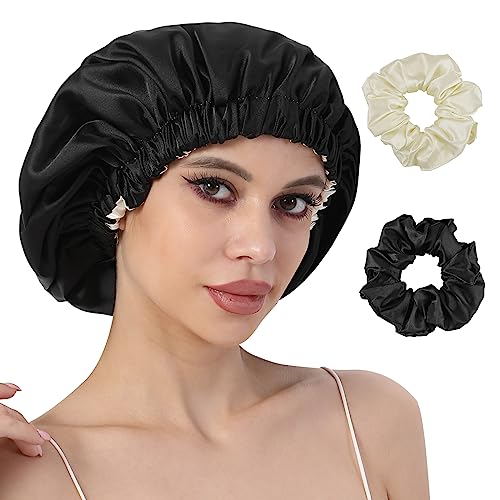 CENTSTAR Reversible Silk Satin Bonnet for Sleeping, Large Adjustable Silk Satin Hair wrap Hair Cap for Women Curly Hair (Black)