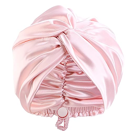 Adjustable Silk Satin Bonnet for Sleeping: Night Sleep Cap Turban for Women Men, Large Long Curly Hair Braid Wrap tie Elastic Drawstring Band Stay on Head Unisex - Pink