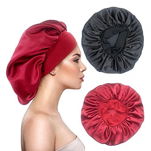2PCS Large Satin Silk Hair Bonnet for Sleeping,Elastic Wide Band Bonnets for Black Women Braids,Silk Hair Wrap Night Sleep Caps for Women Curly and Natural Hair (Black,Wine Red)