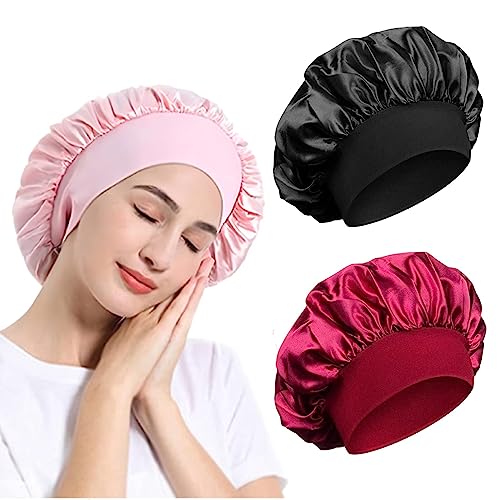 3 Pack Satin Bonnet, Night Sleep Caps with Wide Elastic Band, Silk Hair Wrap for Sleeping, Soft Sleeping Head Cover Sleeping Hat for Women and Girls Curly Hair (Pink,Black,Red)