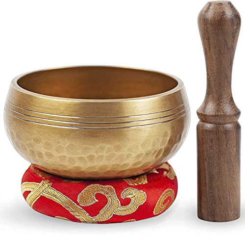 Tibetan Singing Bowl Set - Easy To Play for Beginners - Authentic Handcrafted Mindfulness Meditation Holistic Sound 7 Chakra Healing Gift by Himalayan Bazaar (3 Inch, Gold)