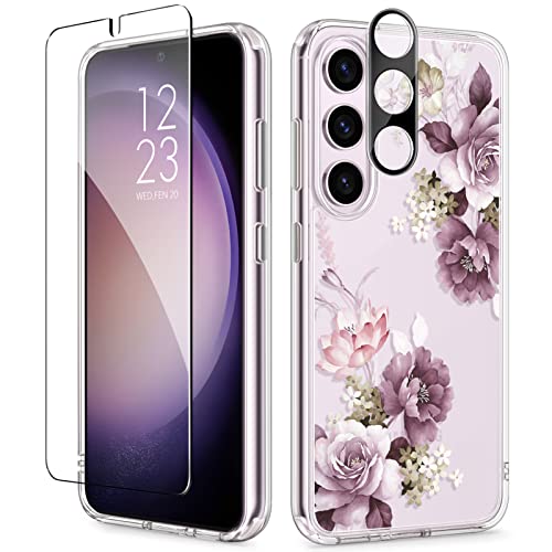 GVIEWIN Case Compatible with Samsung Galaxy S23 Case, with Screen Protector + Camera Lens Protector Floral Shockproof Clear Hard PC+Soft Bumper Women Phone Cover 2023 6.1" (Cherry Blossoms/Purple)