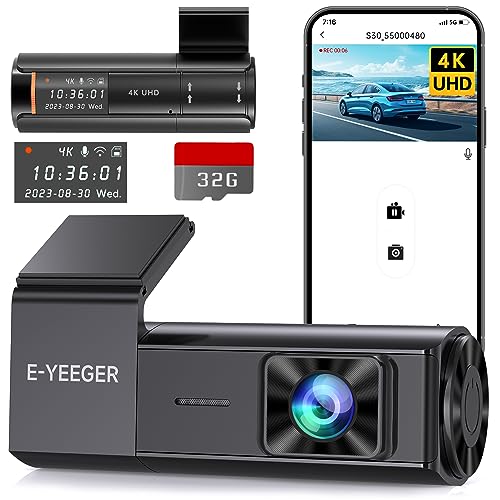 Dash Cam 4K WiFi Front Dash Camera for Cars, E-YEEGER Car Camera 2160P Wireless Mini Dashcams with App, Driving Recorder with 24H Parking Mode, Night Vision, G-Sensor, Free 32G Card, Support 256G Max