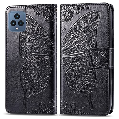 DAMONDY Case for Boost Celero 5G 2023,Revvl 6X Phone Case,PU Leather Butterfly Embossed Flowers Magnetic Flip Cover Stand Card Holders Hand Strap Wallet Purse Case for T-Mobile Revvl 6 5G -Black