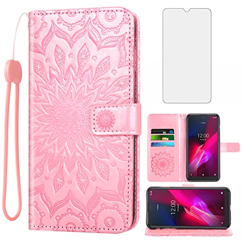 Phone Case for T-Mobile Revvl 4 Wallet Cases with Tempered Glass Screen Protector and Leather Slim Flip Cover Card Holder Stand Cell Tmobile Revvl4 T Mobile Revel Revell Four Revll4 Women Rose Gold