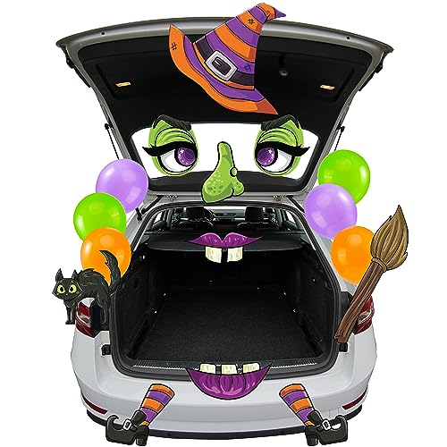 JOYIN Halloween Witch Trunk or Treat Garage Decoration Car Archway with Huge Witch Hat, Ears, Eyes, Nostrils, Fangs, Ballons Broom and Dot Glue