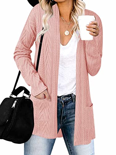 MEROKEETY Women's 2022 Soft Cozy Cable Knit Cardigans Fall Winter Sweater Coat with Pockets,Pink,XL