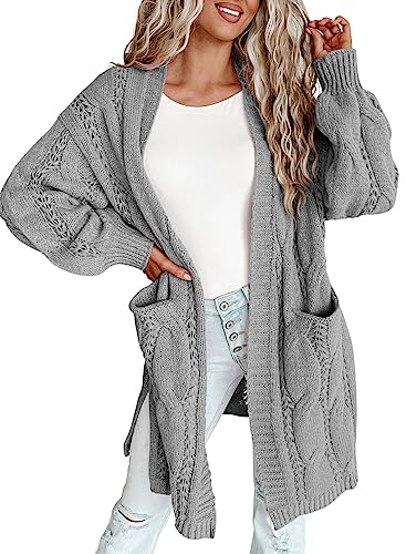 Dokotoo Long Cardigans for Women's Open Front Lightweight Chic Side Split Fall Twist Cable Knit Plus Size Sweaters with Pockets Outwears,Gray Medium