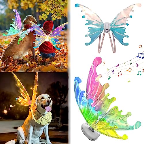 Light Up Fairy Wings for Girls Pet,Dog Angel Costume,Halloween Costume for Dogs Fairy Wings,Costume Fairy Costume with Led Lights & Music Dog Christmas Outfit for Teenage Girls