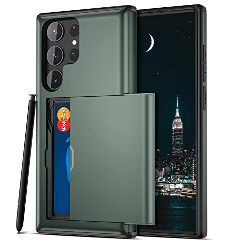 Samsung S23 Ultra Case, Jiunai Galaxy S23 Ultra Case Wallet Sliding Pocket Cover Credit Card ID Cash Holder Dual Layer Hard Shell Rubber Bumper Phone Case for Samsung Galaxy S23 Ultra 6.8'' 2023 Green