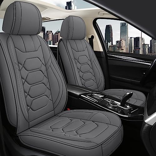 Pariitadin Leather Car Seat Covers Front Pair, Waterproof Breathable Faux Leather Automotive Seat Covers for Cars, Non-Slip Car Interior Covers Universal Fit Most Cars Sedans Trucks SUVs, Gray