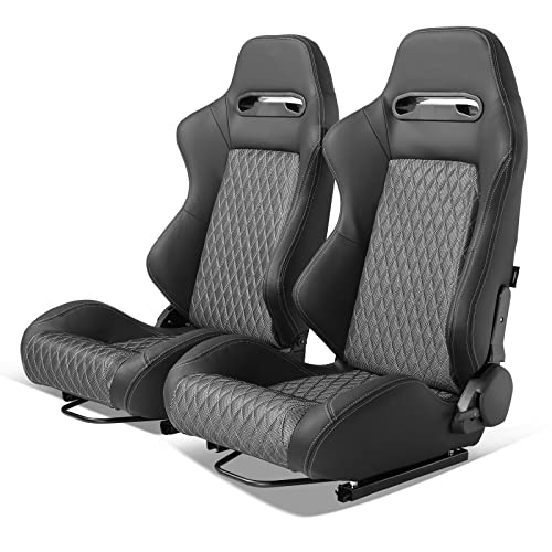 IKON MOTORSPORTS, Universal Racing Seats with Dual Sliders, Reclinable Black PU Leather & Shinny Mesh Fabric Sport Bucket Seats, 1 Pair Driver + Passenger Side