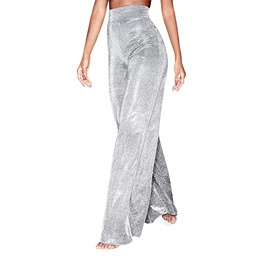 Women's Sexy High Waist Wide Leg Palazzo Lounge Pants Metallic Glitter Bell Bottoms Trousers Rave Party