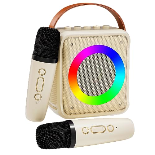 VERKB Mini Karaoke Machine for Kids Adults, Portable Bluetooth Speaker with 2 Wireless Microphones, Microphone Speaker Set with LED Disco Lights for Home Party Birthday Gifts for Girls Boys Kid(White)