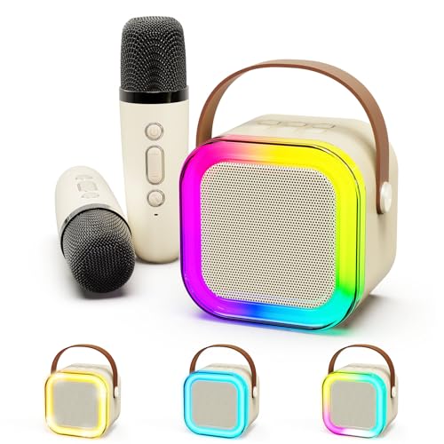 BlueFire Portable Karaoke Machine with 2 Wireless Microphone, Mini Bluetooth Speaker Microphone,Gifts for Kids Age 4-12,Boys,Girls,Adults,Party, Home KTV,Outdoor,Travel, Beige