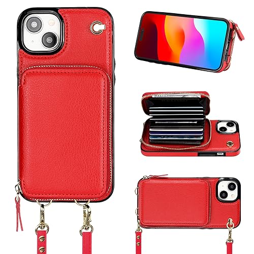 Bocasal Crossbody Wallet Case for iPhone 15 Plus, RFID Blocking Leather Purse Case with Card Holder, Protective Handbag Flip Cover with Zipper Wrist Strap Lanyard for Women 5G 6.7 Inch (Red)