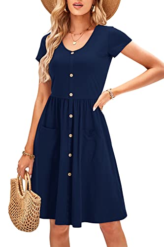 OUGES Womens Summer Short Sleeve Spring Dresses Midi Dresses Button Down V Neck Skater Dress with Pockets 2023(Navy395,L)