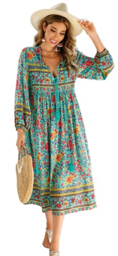 R.Vivimos Women's Long Sleeve Floral Print Retro V Neck Tassel Bohemian Midi Dresses (Medium, Green)