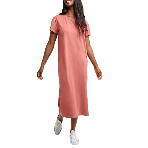 Hanes Women's Originals Garment Dyed Midi, 100% Cotton Vintage Wash Ankle-Length Dress, Nantucket Red, Medium