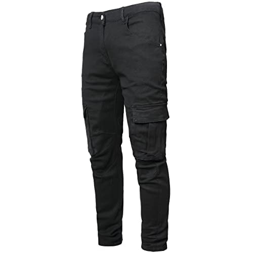 Black Jeans for Men Stretch Skinny Multi Pockets Slim Fit Elastic Jeans Comfort Tapered Leg Cargo Pencil Denim Pants, Black, 34