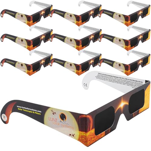 Lunt Solar Systems 10 Pack Premium, Solar Eclipse Glasses NASA Approved 2024, ISO and CE Certified Optical Quality Safe Shades for Direct Sun Viewing for Solar Eclipse