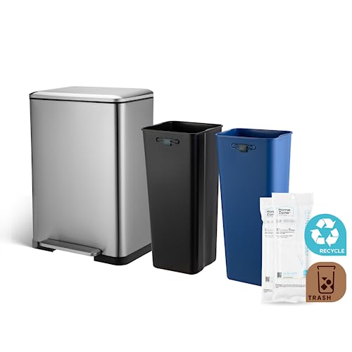 Home Zone Living 13 Gallon Kitchen Trash Can, Dual Removable Liners for Recycling and Trash, Wide Stainless Steel Shape (8 + 5 for 13 Gallon Total)