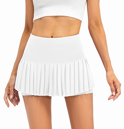 XNMAYA Women Pleated Tennis Skirt High Waisted Golf Athletic Skort Mini Skirts with Shorts Pockets Workout Running Apparel White Large