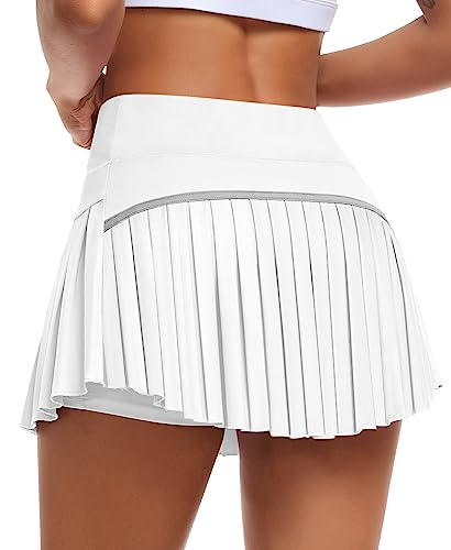 JoyGirl Pleated Tennis Skirt for Women with Shorts High Waisted Golf Skort Mini Skirt Workout Athletic Skorts Skirts with Pockets (White,Medium)