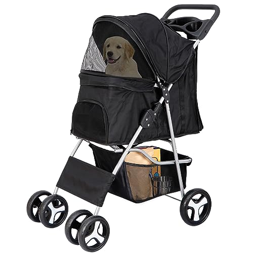 Pet Stroller 4 Wheels Dog Cat Stroller for Small Medium Dogs Cats Foldable Puppy Stroller with Storage Basket and Cup Holder