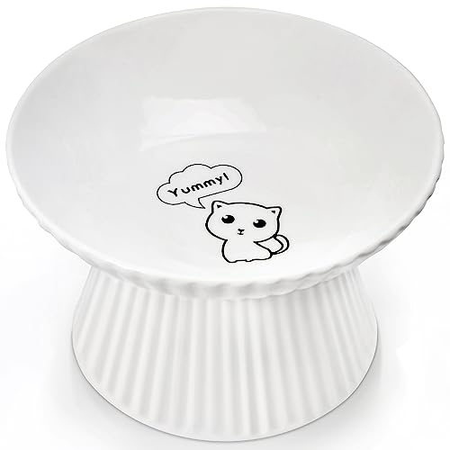 6.5" Extra Wide Ceramic Elevated Cat Bowl, Whisker Friendly Raised Cat Food Bowl for Food and Water, Anti-Vomiting High Cat Dish for Indoor Cats with Non-Slip Ring, Dishwasher Safe & Microwaveable