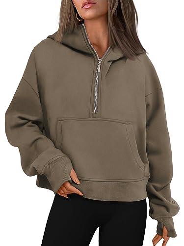 Trendy Queen Womens Oversized Sweatshirts Hoodies Half Zip Pullover Quarter Zip Pullover Fall Outfits Fashion Clothes 2023 Long Sleeve Fleece Winter Sweaters Jackets Y2k Cute Teen Girls Coffee