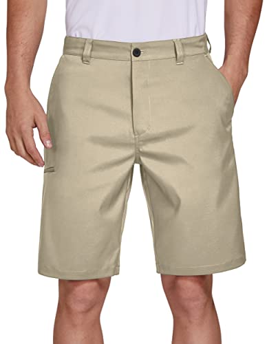 PULI Hybrid Shorts for Men Dress Golf 10 Inch Inseam Casual Lightweight Chino Workout Travel with Pockets Khaki 36