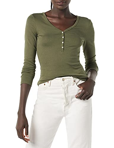 Amazon Essentials Women's Ribbed Knit Long Sleeve Henley Slim Fit T-Shirt, Olive, Medium