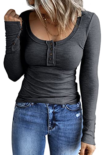 Kissfix Women Long Sleeve Shirts 2023 Fall Clothes Fahion Button Down Juniors Henley Tops Ribbed Knit Blouses Trendy Shirts Black Grey