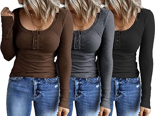 SUNBS Womens 3 Packs Long Sleeve Shirts Casual Henley Tops Top Button Down Blouses Basic Ribbed Knit T-Shirts Fall Fashion Outfits Clothes 2023