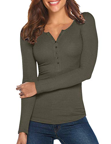 Tobrief Women's Long Sleeve Henley Button up T Shirt Casual Basic Tops Blouse Army Green,S