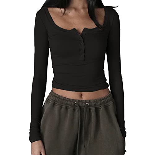 Y2k Crop Tops Women Henley Long Sleeve Solid Slim Fit Basic T Shirts Ribbed Knit Square Neck Sexy Vintage Aesthetic dupes Fitted Tight Cropped Going Out Tee (C Black Ribbed Knit Button Down, S)