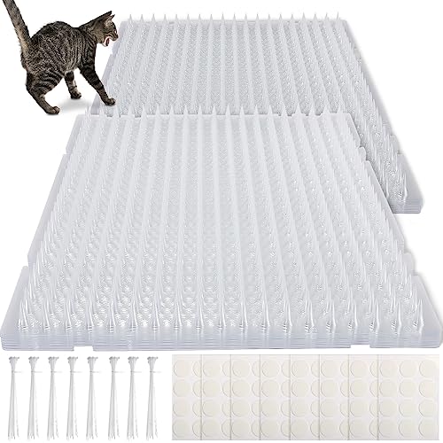 Geetery 24 Pack Scat Repellent Cat Mat with Spikes Outdoor Indoor Cat Deterrent Mat Pet Training Plastic Mats with 96 Adhesive Tapes and 80 Cable Ties Keep Cats Dogs Away, 16 x 13 Inches