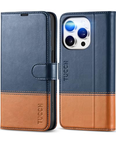 TUCCH Wallet Case for iPhone 15 Pro, [RFID Blocking] [4 Card Slots] TPU Interior Protective Case, Magnetic Folio Shockproof PU Leather Stand Flip Cover Compatible with iPhone 15 Pro 6.1", Blue&Brown